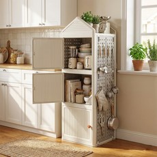 회전 타공판 수납장 앞뒤로 열리는 접이식 수납선반 거실 이동식 수납장 폴딩 간편조립 도어형 책장, 크림색