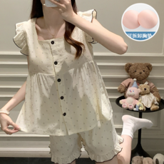 夏季薄款睡衣女 帶胸墊小飛袖背心短褲家居服