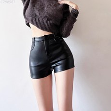 大碼黑色皮短褲女秋冬高腰包臀PU皮打底彈力緊身性感熱褲超短皮褲
