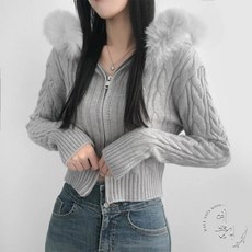 예쁨시전 에코 폭스 퍼 후드 섹시 크롭 투웨이 니트 집업