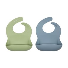 矽膠接飯圍兜, 2入, 橄欖綠+灰藍色