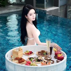 플로팅 트레이 수영장 풀빌라 등나무 컵튜브 바구니 쟁반 접시 원형 테이블, 원형 유공 검정색 (60X20)
