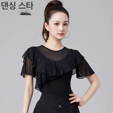 프릴 반팔 라인 댄스 재즈 댄스스포츠 상의 라틴댄스 여성 모던댄스상의 제품 블라우스 우아한상의 모던 연습복 살사 댄스복, 4.검정 반팔셔츠(일반): XL
