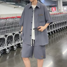 時尚休閒襯衫套裝男士夏季韓版休閒痞帥寬鬆潮牌短袖短褲酷帥一套