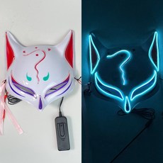 日本和風靈狐臉面具半貓妖狐舞會派對化妝道具兒童女中國風狐狸, 1個, 【發光】靈狐-冰藍, 冰藍