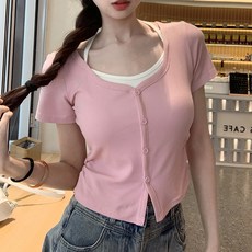 cammello 끈나시 레이어드 반팔 크롭 티셔츠 골지 반팔 가디건 크롭티