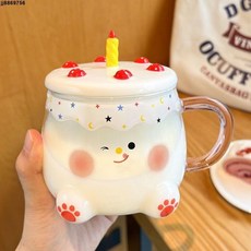 手拿杯 玻璃杯子ins高顏值帶蓋把手耐高溫防爆水杯2024新款家用可愛女生, 1個, 微笑蛋糕杯,【單杯】