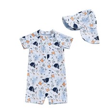 Ayalinggo 유아 남아용 래쉬가드 수영복 바다 세계 동물 프린트 지퍼 반소매 수영 모자 포함 아동용 블루. 134167