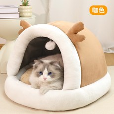 貓咪貓窩 狗狗鹿角造型寵物窩 加厚保暖可拆收納全包防風寵物用品 麋鹿耶誕萌寵屋, 1個, 咖色 鹿角造型窩,M 44*46cm 7.5kg內適用, 咖色