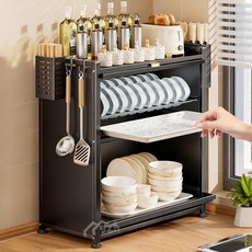 [시스슈] 주방 캐비닛 접시 건조대 (밀폐형 방진 디자인) + 칼/수저 수납함 탈부착 조립식 투명 도어형 주방 정리용품, 2단, 블랙
