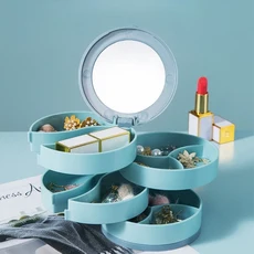 목걸이 반지 팔찌 보관함 다층 수납함 거울 회전식 4단, 04 Blue