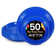 LANLISA 파티용 빨간색 플라스틱 접시 50개 63.5-22.9cm(25-9인치) 및 63.5-17.8cm(25-7인치) 일회용 케이크 디저트 생일 발렌타인데이 졸업식, Blue