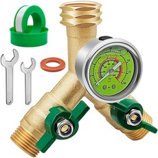 압력게이지 압력계 황동 가든 호스 스플리터 풀 플로우 2방향 헤비 듀티 차단 기능이 있는 대형 회전 그립 핸들 Y 0-200 PSI 압력 게이지가 3/4\" GHT 스레드, 1개