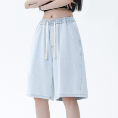 데일리쮸 여성 밴딩 와이드 5부 청반바지