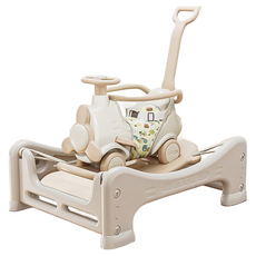 台灣出貨 2025新款多功能兒童搖搖馬：小飛機造型、安全材質、搖搖車/推車/搖搖椅多模式, 1個, 奶咖色+搖搖馬+護槓+安全繩+坐墊+蹦蹦