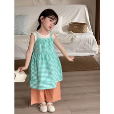 DIU 春夏新品兒童格子吊帶裙女童寶寶簡約疊穿無袖連衣裙