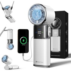 Space Player 급속 냉각 휴대용 대용량 선풍기 100단 접이식 무선 선풍기 아웃도어 캠핑용 9000mAh 손선풍기 아이스제트 스톰 각도조절 탁상용 BLDC 넥선풍기 손풍기, 화이트