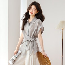 WIHOLL 여성 쉬폰 블라우스 반팔 허리라인 언밸런스 슬림핏 빅사이즈 여름 데일리