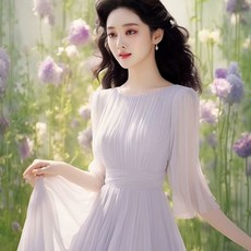 소매 쉬폰 원피스 반팔 연보라 여름 원피스 우아한 여성 원피스