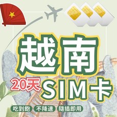 越南SIM卡 20天吃到飽不降速 每日5GB高速流量 即插即用, 1個, 20, 5G