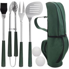 폴리고 7PCS 골프 클럽 스타일 바비큐 도구 세트 고무 손잡이 포함 그릴 - 스테인리스 스틸 액세서리 야외 프리미엄 남성 아빠를 위한 크리스마스 선물, Green, 1개