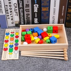 木製智力串珠積木盒 幼兒園寶寶早教益智力穿繩串珠子 DIY遊戲玩具, 1個, 智力串珠積木盒