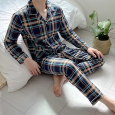 malang mage 男款兩件式格紋長袖睡衣睡褲組