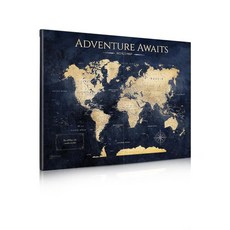 벽 장식용 세계 지도 캔버스 페인팅 피너블 여행 지도 30인치 x 24인치 파란색과 금색, 1.world Map Art, 30L" x 24W"