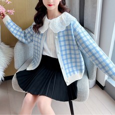도오빠 지소벨 주니어 니트 스웨터 긴팔 라운드넥 체크 가디건 귀여운 프릴 카라 러블리 딸아이 봄 가을 아우터 코디 ~160
