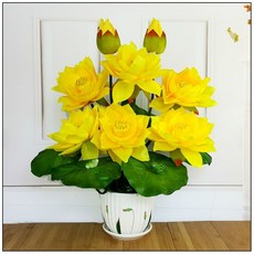 불교 법당 연꽃 조화 화분 불당 신당 인테리어 장식품 분재, 1개, J. 노랑 더블 꽃다발 소형화분