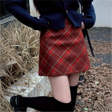 여성용 모직 체크 반바지2024가을 겨울 두꺼운 하이웨이스트 슬림핏 a 레트로 빨간 체크 무늬 짧은 치마