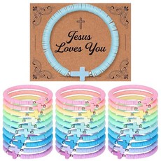 Landical 30세트 십자가 팔찌 벌크 예수 기독교 팔찌 축복 카드 포함 핸드메이드 신축성 있는 다채로운 폴리머 클레이 비즈 종교 손목 밴드 여성 어린이 부활절 사