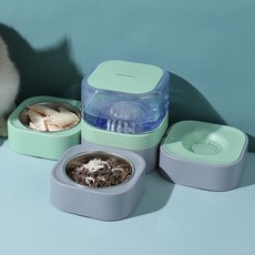 寵物 餵食飲水一體 貓咪自動飲水機 防黑下巴 防打翻, 1個, 綠色餵食飲水三碗,貓狗通用