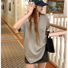 꾸안꾸 루즈핏 브이넥 스판 여성반팔티셔츠