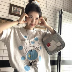 여름 신상품 애플 강아지 프린트 반소매 티셔츠 여성용 루즈핏 캐주얼 스타일 상의