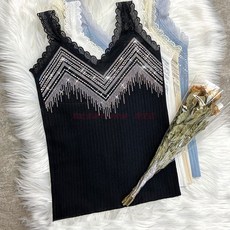 레이스 V넥 제품 민소매탑 캐미솔 얇은내의 여성용 언더웨어 속옷, 3.검정 L