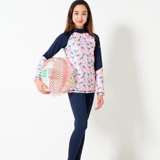 ELINBOA 孩童插肩防曬長袖拉鍊泳衣+9分泳褲套裝 桃紅色