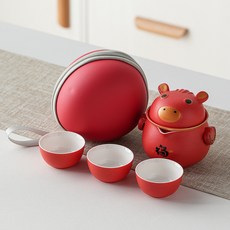 創意馬年商務紀念禮品旅行茶具套裝便攜式一壺三杯中式陶瓷快客杯, 1個, 馬上有福紅放行茶具:1