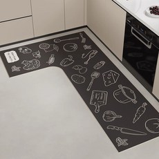 廚房地墊家用卡通風L型地墊強吸水吸油防刮耐髒可水洗硅藻泥地墊, 趣味廚房深灰-右L