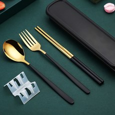 高質感304不鏽鋼餐具組 (湯匙、筷子、叉子) 輕奢環保 加厚鋼材 收納盒, 1個, 金黑, 金黑