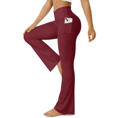 FOHOFO 여성용 요가 팬츠 주머니가 있는 플레어 레깅스 크로스오버 하이 웨이스트 부츠컷 요가 팬츠 핑크 M, 와인 레드