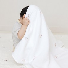 bamiblanc 月亮兔子毯子純棉紗嬰兒包巾毯子四季適用, 白色