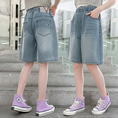 키즈목마 여름 여아 아이스 소재 5부 데님 밴딩 팬츠 초등여아 주니어 쿨링 청 반바지 657