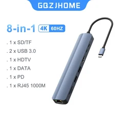 4K 60Hz HDTV 1Gbps 이더넷 100W 전원 공급 SD/TF 카드 슬롯이 포함된 8 in 1 USB C 허브 MacBook용 3.0*3, 03 8 Iin 1 1000M