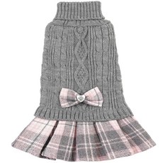 소형견을 위한 강아지 스웨터 드레스 나비넥타이가 달린 여아 애완동물 풀오버 코트 목줄 구멍이 있는 따뜻한 터틀넥 애완견 겨울 옷 요크족 치와와(그레이 라지), 회색, 1
