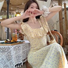 투니스 여성 빈티지 플라워 슬림핏 스퀘어넥 민소매 롱 원피스