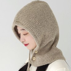 I CO MARKET 羊毛針織鈕釦連帽圍脖, 米棕色