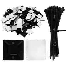 Waziaqoc 100세트 자체 접착 지퍼 타이 마운트 키트 15.2cm(6인치) 블랙 케이블 타이 효과적인 관리 및 안전한 앵커링을 위한 1.9cm(3/4인치) 와이어 홀, Black