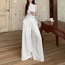 ZAJA 여성 나시 순색의 투피스 긴바지 캐주얼룩 바캉스룩 세트