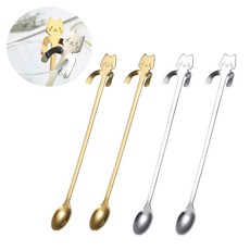 제로앤나인 팔걸이 고양이 티스푼 홈카페 스푼, 롱_골드2P + 실버2P, 1세트, 1. 롱 (골드2P+실버2P)